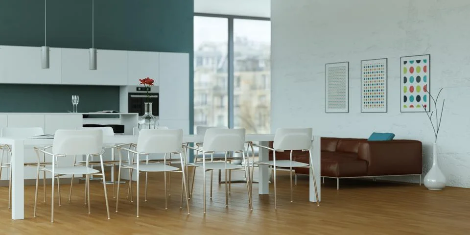 White modern kitchen with dining table and brown leather sofa Stock Illustration
