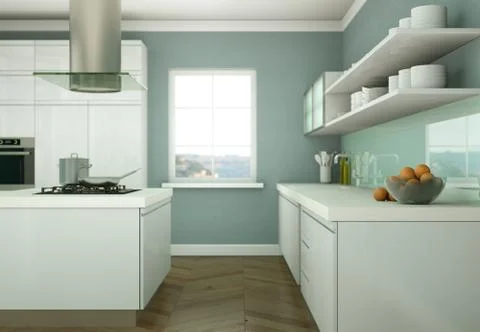 White modern kitchen in a flat with beautiful design Stock Illustration