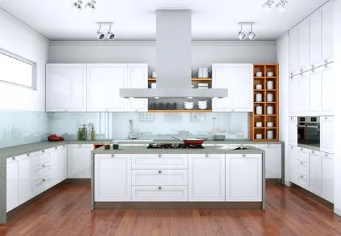 White modern kitchen in a flat with beautiful design Stock Illustration