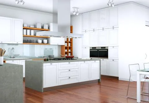 White modern kitchen in a flat with beautiful design Stock Illustration