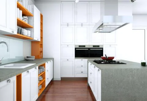 White modern kitchen in a flat with beautiful design Stock Illustration