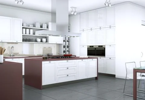 White modern kitchen in a flat with beautiful design Stock Illustration