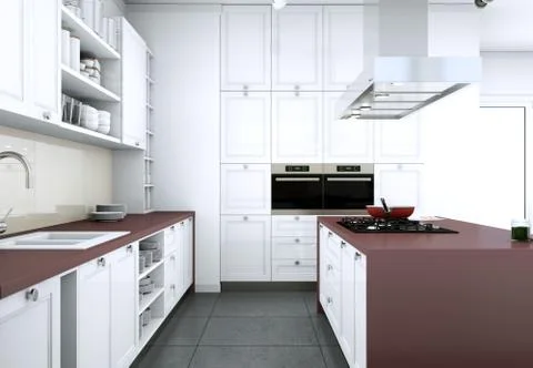 White modern kitchen in a flat with beautiful design Illustrazione stock