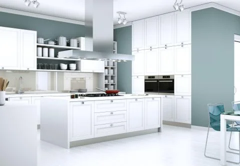 White modern kitchen in a flat with beautiful design Stock Illustration