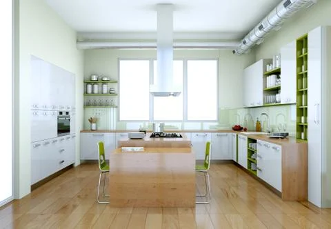 White modern kitchen with green elements interior design 스톡 일러스트