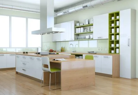 White modern kitchen with green elements interior design 스톡 일러스트