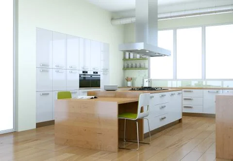 White modern kitchen with green elements interior design Stock Illustration