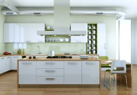 White modern kitchen with green elements interior design Stock Illustration