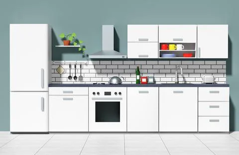 White modern kitchen interior - 3d render Stock Illustration