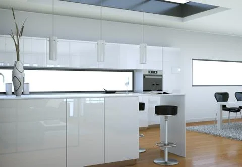 White modern kitchen in a loft with a beautiful design Stock Illustration