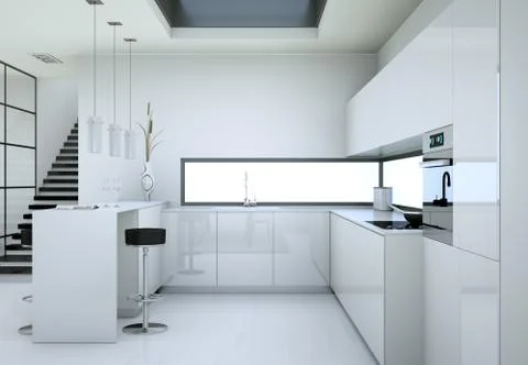White modern kitchen in a loft with a beautiful design Stock Illustration