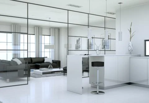 White modern kitchen in a loft with a beautiful design Stock Illustration