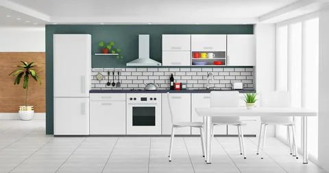 White modern kitchen with window - 3d rendering Stock Illustration