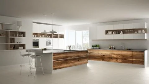 White modern minimalistic kitchen, with classic wood fittings, panoramic wind Stock Illustration