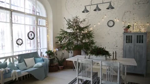White modern room interior with New Year tree 库存影片 99089951