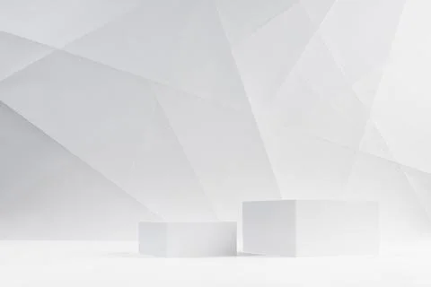 White modern stage with two square podiums in hard light mockup in white inte Stock Photos
