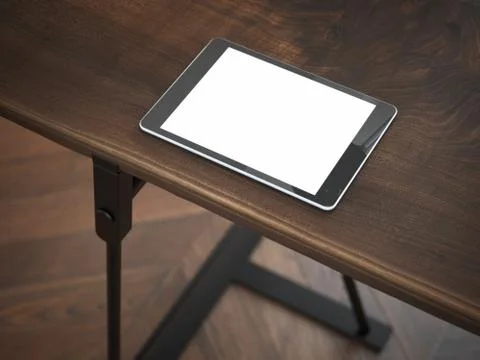 White modern tablet at the corner of table. 3d rendering 스톡 일러스트