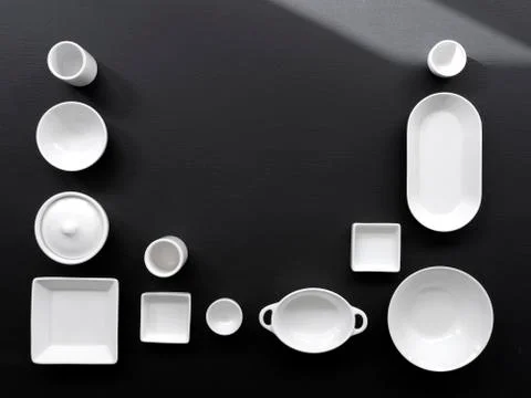 White, modern tableware on a black background 스톡 사진