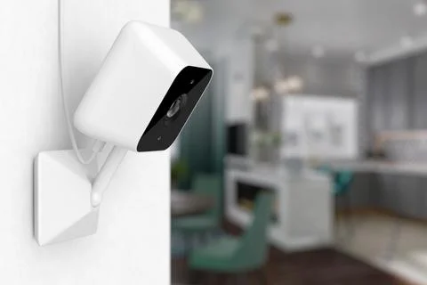 White Modern Web Camera on a White Room Wall. 3d Rendering Illustrazione stock