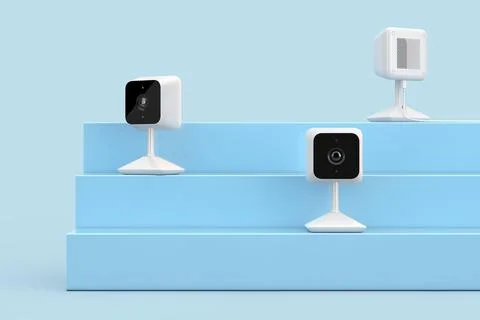 White Modern Web Cameras on a Blue Product Presentation Podium Cube. 3d Ren.. Illustrazione stock