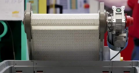 White Modular Conveyor Drum With Gearmotor, Hygienic Production Line, Front View Stock Footage 340641789