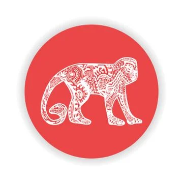 White monkey with hand-drawn pattern on red Stock Illustration