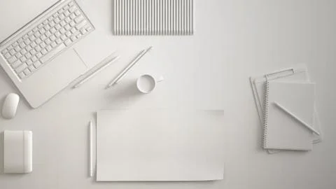 White monochrome minimal office table desk. Workspace with laptop, notebook,  Stock Illustration