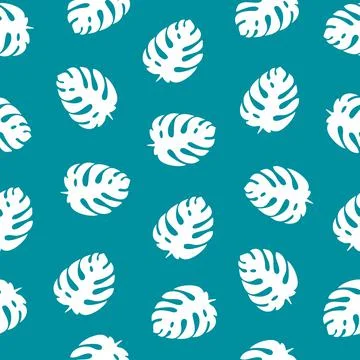 White monstera pattern on turquoise background Stock Illustration