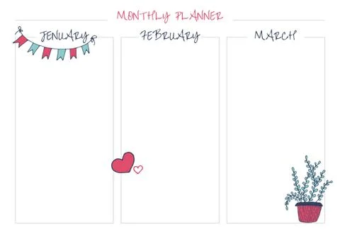 White monthly planner with bright elements: apple, flower. Stock Illustration