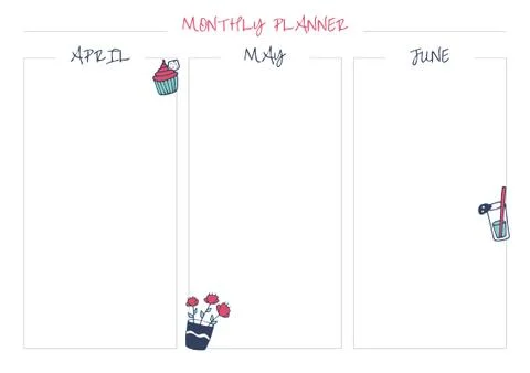 White monthly planner with bright elements: flowers in pod, cocktail, cake. Stock Illustration