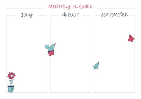 White monthly planner with bright elements: flower in pot, cactus. Stock Illustration