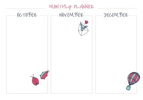 White monthly planner with bright elements: bugs, letter with flower, air hot Stock Illustration