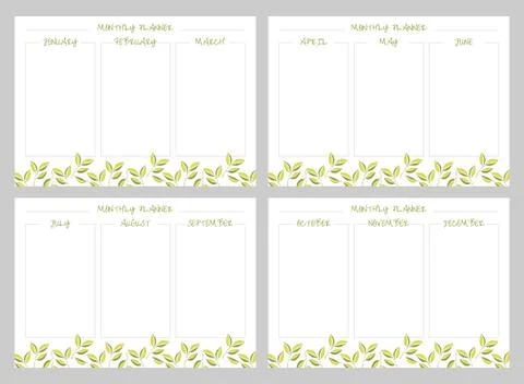 White monthly planner set with bright green leaves design. Stock Illustration
