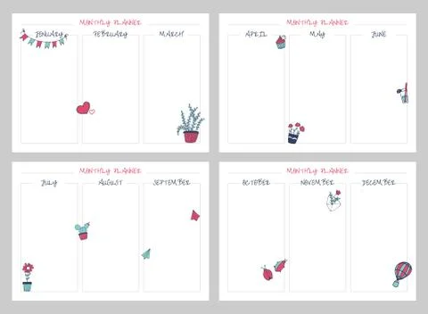 White monthly planner set with bright elements: bugs, letter with flower, air Illustrazione stock
