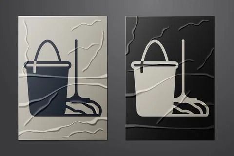 White Mop and bucket icon isolated on crumpled paper background. Cleaning ser Stock Illustration