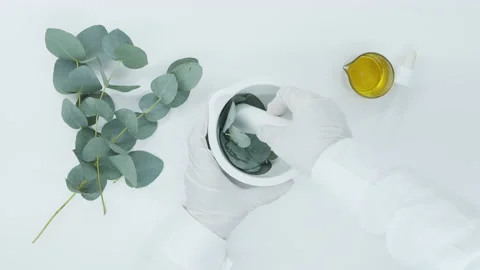 White mortar with eucalyptus leaves. Video stock 149180064