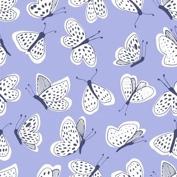 White moths on a blue background vector seamless pattern. Line and spot. Stock Illustration