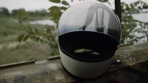 White Motorcycle Helmet Close Up Stock Footage 128911432