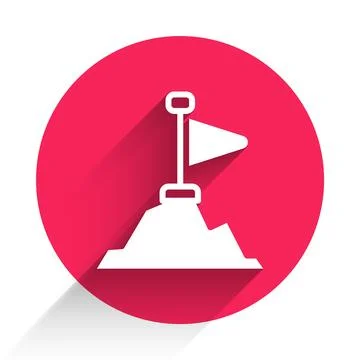 White Mountains with flag on top icon isolated with long shadow background... Stock Illustration