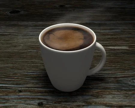 The white mug of black brewed coffee on wooden table. 3D render. Stock Illustration