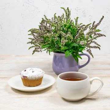 White mug of tea on a background of muffin and mint flowers on a white wooden Stock Photos
