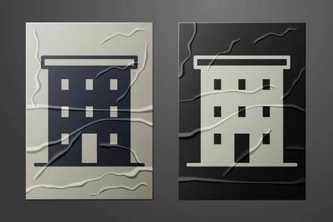 White Multi storey building icon isolated on crumpled paper background. Paper Ilustración de archivo