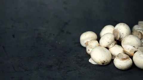 White mushrooms on a black background. raw ingredients. Stock Footage 99587239