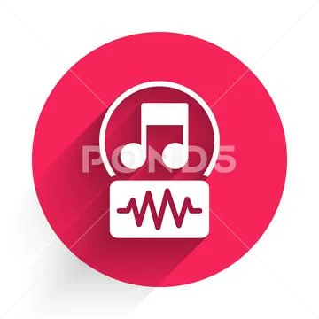 White Music note, tone icon isolated with long shadow. Red circle button.  Vector: Royalty Free #156336166