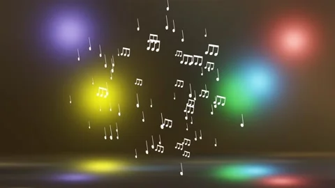 White musical notes float between moving colorful bokeh lights with reflexes Stock Footage 224530274
