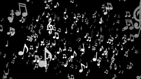 White musical notes move to the camera on a black background 3d illustration Stock Illustration