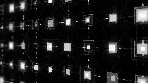 White nano chip circuit board, modern technology with micro electrons moving Video stock 142485253