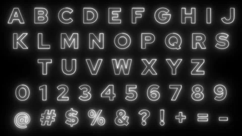White Neon Alphabet and Numbers Glowing on Black Background for Titles Stock Footage 346168312