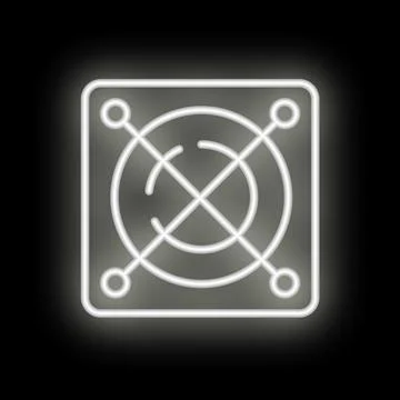 White neon computer fan icon glowing on black background Stock Illustration