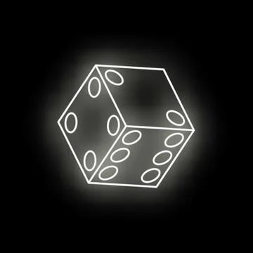 White neon dice glowing on black background Stock Illustration